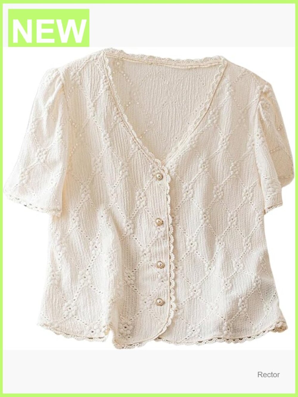 Floral Embroidered Button Down V Neck Short Puff Sleeve Blouse